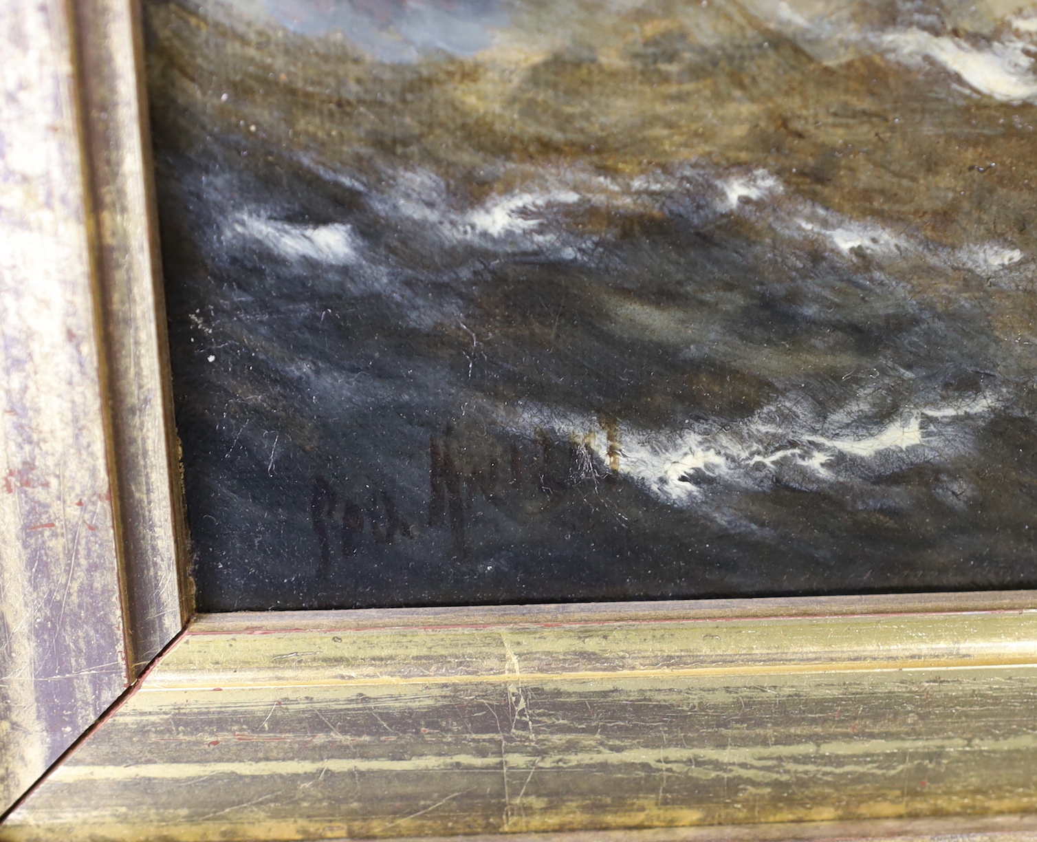 A 20th century oil on canvas, Fishing boats beside shoreline, indistinctly signed, P M?, 27 x 60cm